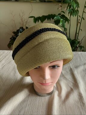 Vintage Metallic Straw Cloche Hat with Black Trim